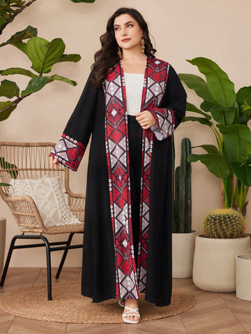 Plus Size Geometric Pattern Open Front Jacket And Pants Two-Piece Set