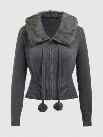 Women's Slim Fit Collar Patchwork Zipper Front Cardigan Sweater