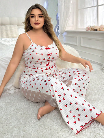 Women's Plus Size Cherry Printed Heart Patchwork Sheer Mesh Cami Pajama Set