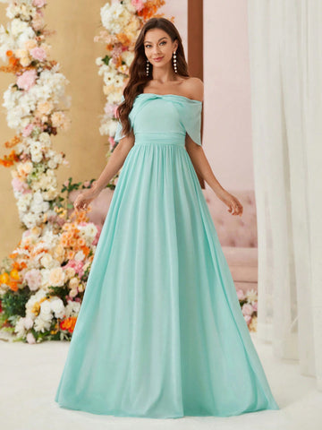 Saint Patrick Day Tube Top One Line Shoulder Waist Pleated Oversized Line SkirtBow-Shaped Off-The-Shoulder Gathered Bridesmaid Dress