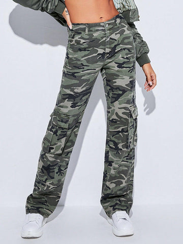 Women's Cargo Pocket Camouflage Denim Pants