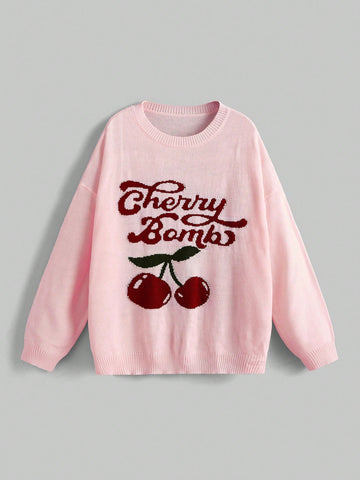 Plus Size Women's Letter & Cherry Pattern Sweater Pullover