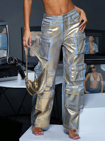 Gold Metallic Workwear Pocket Details Loose Party Women's Denim Wide Leg Pants&Music Festival