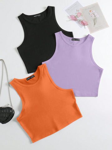 Solid Color Sleeveless Top With Round Neck