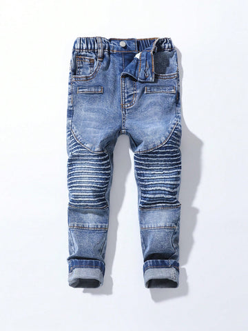 Young Boy Cool Shirred Patchwork Elastic Slim Fit Jeans For Streetwear Style