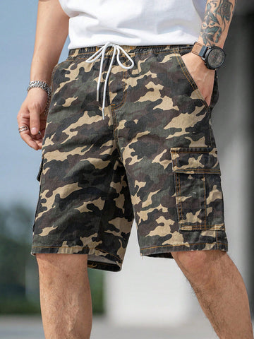 Men'S Camouflage Print Drawstring Utility Denim Shorts