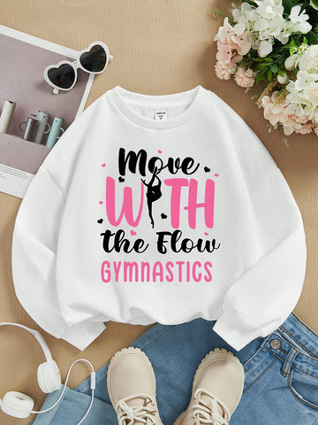 "I Love Gymnastics." Letter Print Casual Round Neck Sweatshirt For Tween Girls, Suitable For Fall And Winter