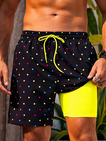 Men'S Polka Dot Print Drawstring Waist Double-Layered Beach Shorts