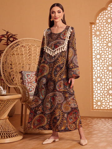 Women Peasants Print Fringe Decorated Bell-Sleeve Long Dress For Vacation And Leisure, Modest Full Length Jalabiya, Casual Long Sleeve Maxi Dress