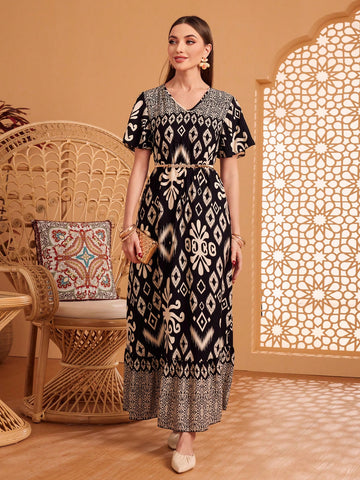 Women'S Geometric Print Butterfly Sleeve Arabian Dress