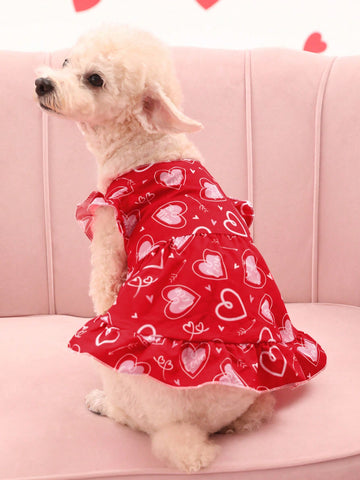 1pc Valentine's Day Love Heart Printed Red Pet Dress With Wing Sleeves For Dogs And Cats