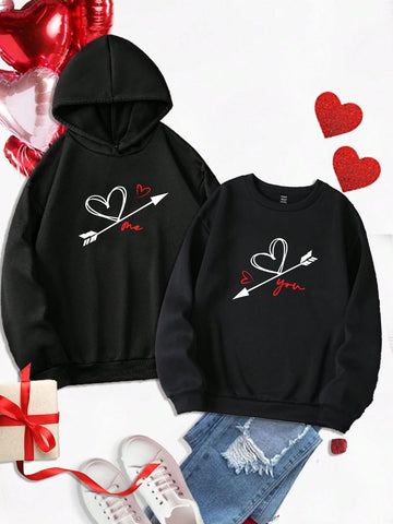 Valentine's Day Loose Fit Women Hoodie With Heart Print