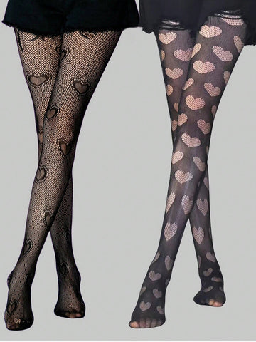 2pairs Women'S Black Fishnet Stockings With Heart Pattern, Four Seasons & Valentine'S Day Style