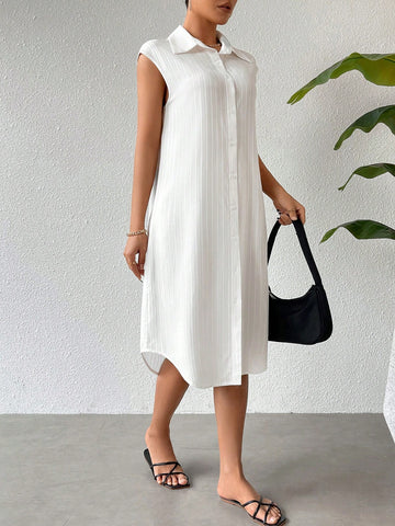 White Casual Relaxed Fit Women's Tunic Dress With Front Middle Button Placket And Flared Sleeves, Suitable For Vacation