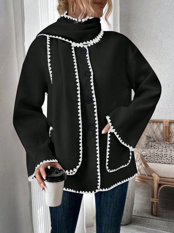 Women's Color Block Double Breasted Woolen Coat With Zipper And Belted Rope