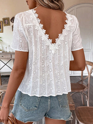 Cottagecore Pleated Eyelet Embroidery Blouse With Back Lace Panel