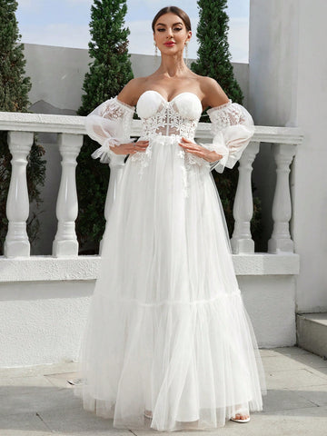 Large Hem, Lace Detail, Off-Shoulder Style, Lantern Sleeve Wedding Dress