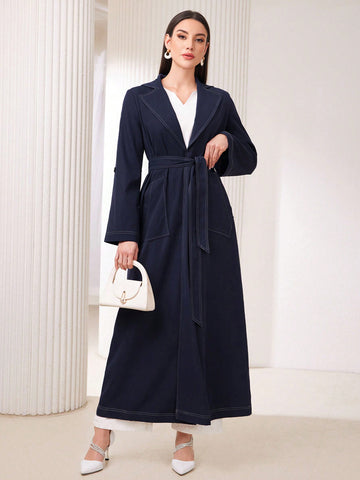 Contrast Stitching Decor Belted Abaya