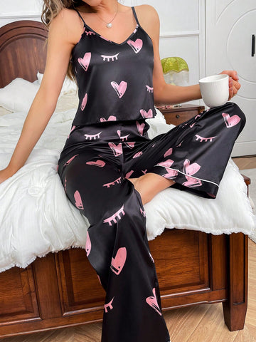 Heart & Eyelash Print Silk-Like Cami Top And Pants Pajama Set