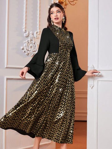 Women's Stand Collar Flare Sleeve Arabic Dress With Metallic Gold Prints