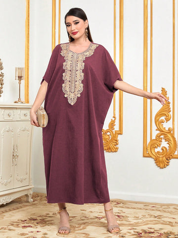Women's Turkish Long Shirt Featuring Bat Wing Sleeves And Floral Decoration