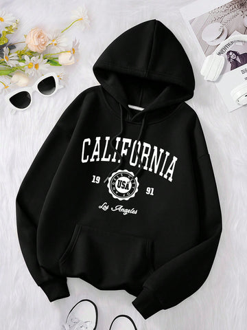 Hooded Drawstring Sweatshirt With Letter Print