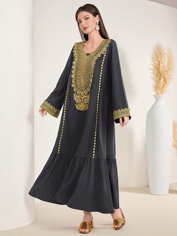 Women's Colorblock Embroidered Patchwork Long Sleeve Dress