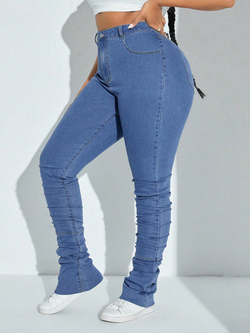 Plus Size Women'S Denim Pile Up Pants, Elastic Skinny Jeans With Ultra Long Length