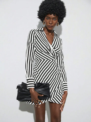 Women'S Striped Wrap Design Shirt Dress