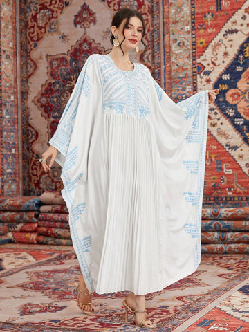Women's Loose Fit Kaftan With Contrasting Colors & Printed Round Neckline