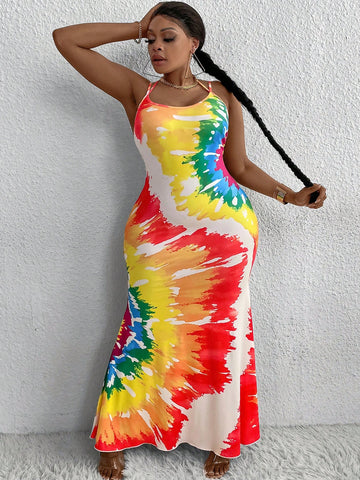 Plus Size Colorful Printed Halter Neck Tight Fish Tail Cami Dress With Tied Strap
