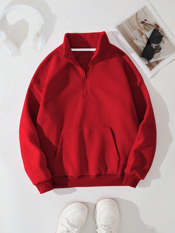 Plus Size Solid Color Zip Up Drop Shoulder Casual Sweatshirt