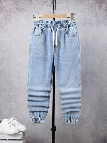 Tween Boys' Retro Loose Waist Drawstring Tapered Denim Jeans With Comfortable & Elastic Cuffs