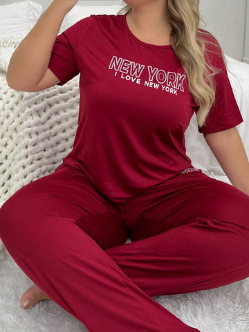 Women's Plus Size Slogan Printed Short-sleeved Trousers Pajama Set
