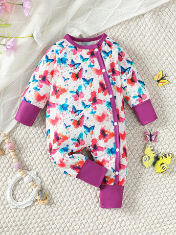 Baby Girl 1pc Colorful Butterfly Printed Long Sleeve Asymmetrical Button-Up Sleepwear Jumpsuit