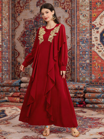 Women's Floral Decor Lantern Sleeve Modest Full Length Arabian Style Jalabiya Dress