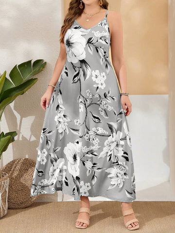 Plus Size Summer Grey Floral Printed Cami Long Dress