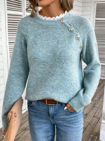 Women's Loose Fit Casual Sweater With Button Closure, Raglan Sleeve And Decoration