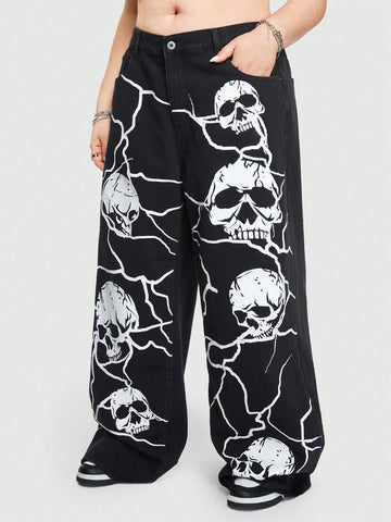 Women'S Plus Size Punk Style Streetwear Skull Printed Jeans
