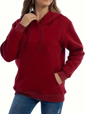 Women'S Plus Size Solid Color Drop Shoulder Hoodie With Drawstring