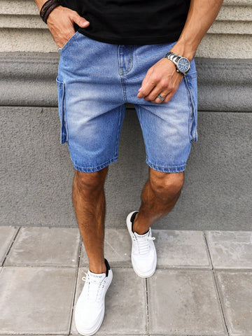 Men'S Loose Fit Denim Shorts With Washed And Pockets