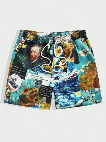 Men's Holiday Leisure Trendy Printed Drawstring Waist Shorts, Suitable For Summer