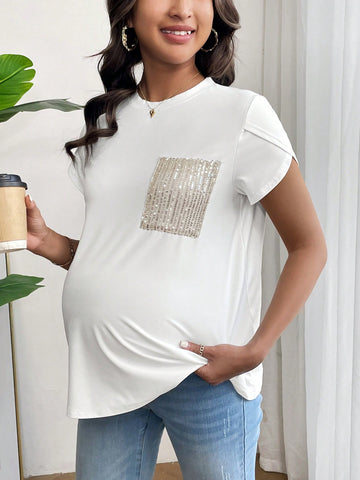 Maternity Sparkling Pocket Decor Contrast Color Bubble Sleeve T-Shirt