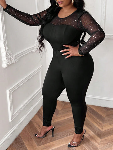 Elegant And Sexy Solid Color Slim Fit See-Through Mesh Splice Jumpsuit For Plus Size Women, Perfect For Club Parties, Date Night Outfits Or Coquette Occasions