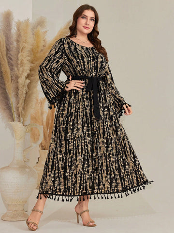 Plus Size Women'S Full Printed Flared Sleeve Dress