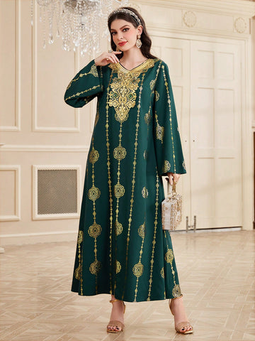 Women's Arabic Floral Print Gold Foil Print Dress