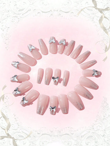 24pcs Butterfly Shape False Nails + 1pc Double-Sided Adhesive