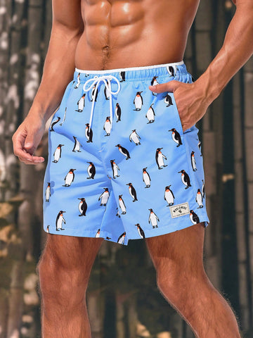 Men's Penguin Printed Drawstring Waist Beach Shorts