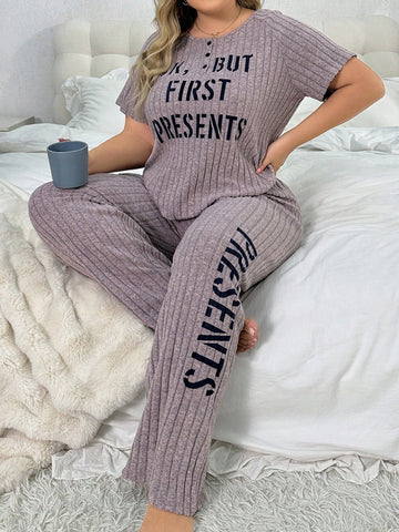 Plus Size Slogan Printed Short Sleeve T-Shirt And Pants Pajama Set