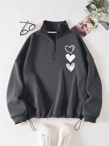Plus Size Women's Half Zipper Sweatshirt With Heart Print
